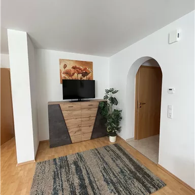 A modern living area with wooden-colored furniture and a television. A rug and a plant complement the cozy atmosphere.