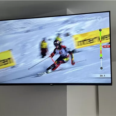 A skier is quickly going down the slope. In the background, spectators and banners are visible.