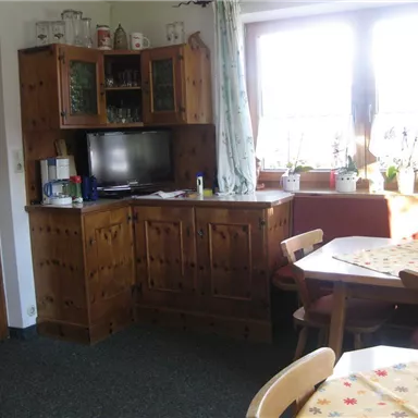 A cozy kitchen with wooden furniture and a television. Bright windows let in plenty of light and there are plants on the windowsills.