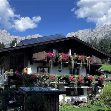 A cozy wooden house with colorful flower boxes and a beautiful garden. Majestic mountains rise in the background under a clear blue sky.