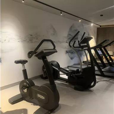 Ein moderner Fitnessraum mit verschiedenen Trainingsgeräten. Die Wände sind mit einem beruhigenden, grafischen Design geschmückt.