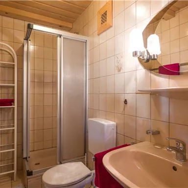 Ein kleines, helles Badezimmer mit Dusche, Waschbecken und WC. Rote Handtücher und Holzdetails sorgen für eine gemütliche Atmosphäre.