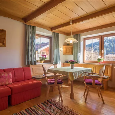 Ein gemütliches Wohnzimmer mit einer roten Couch und einem Holzstuhl. Das Licht fällt durch große Fenster und es gibt einen Tisch mit Blumen.