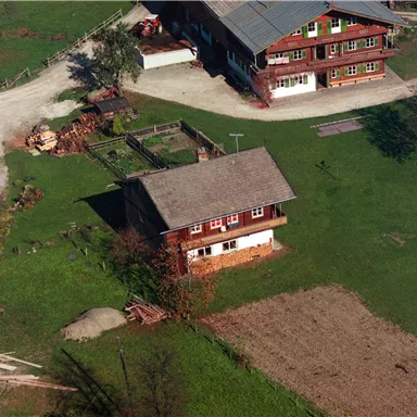 Ein ländliches Grundstück mit mehreren Holzhäusern und einem großen Garten. Die Umgebung ist grün mit einem gepflasterten Weg.