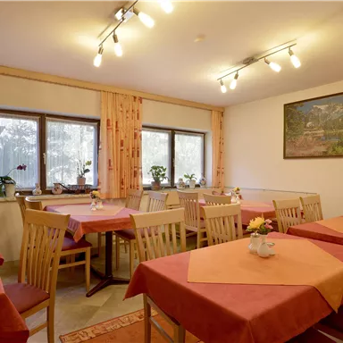 Ein gemütlicher Speisesaal mit Holztischen und orangenen Tischdecken. Große Fenster sorgen für viel Tageslicht und Blick auf Pflanzen.