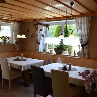 A cozy dining room with bright tables and chairs. The windows are adorned with curtains, and plants create an inviting atmosphere.