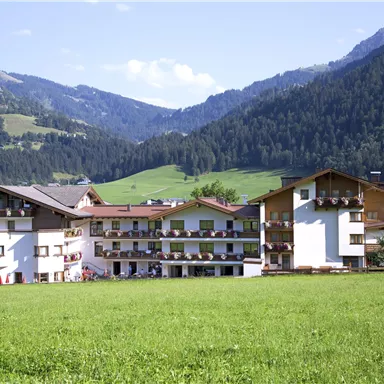 A picturesque hotel building in the Alps with green meadows and mountains in the background. The sky is clear, and the surroundings are quiet and inviting.
