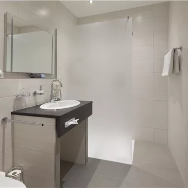 A modern bathroom with a shower and an elegant sink. The walls are bright and the furnishings are functional and stylish.