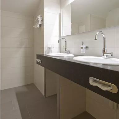 A modern bathroom with two sinks and a large mirror. The walls are light and the floor has a dark color.