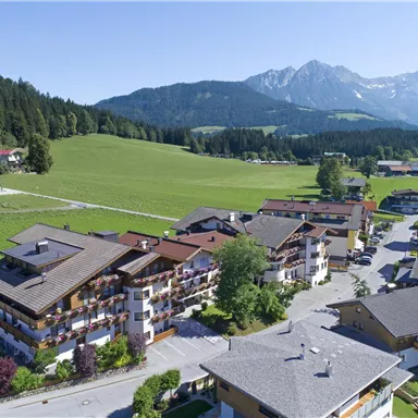 A picturesque alpine landscape with green meadows and mountains in the background. The houses are surrounded by trees and a tranquil environment.