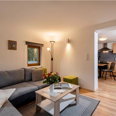 Ein modernes Wohnzimmer mit einem bequemen Sofa. Durch einen offenen Durchgang ist die Küche sichtbar, die gut ausgestattet ist.