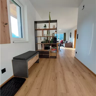 A bright hallway with wooden flooring and a modern shelving unit. In the background, a cozy living area is visible.