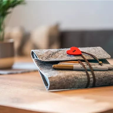 A felt-like notebook with pens lies on a wooden table. In the background, a pot with a small plant is visible.