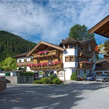 Eine malerische alpine Landschaft mit traditionellen Holzhäusern und blühenden Balkonpflanzen. Im Hintergrund sind sanfte Hügel und ein blauer Himmel zu sehen.