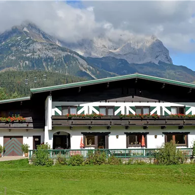 A traditional Alpine house with beautiful floral decorations. In the background, impressive mountains rise under a clear sky.