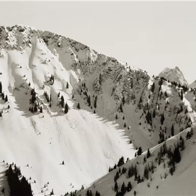 Eine schneebedeckte Berglandschaft mit hohen Gipfeln und einigen grünen Nadelbäumen. Der Himmel erscheint klar und hell.