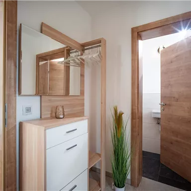 Ein modernes Eingangsbereich mit Holzdetails und einem Spiegel. Auf der linken Seite befindet sich ein Schlafzimmer und eine Tür führt ins Badezimmer.