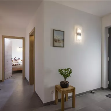 Ein heller Flur mit einem modernen Eingangstür und einem kleinen Tisch mit einer Pflanze. Im Hintergrund sind weitere Räume zu sehen.
