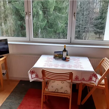 Ein gemütlicher Tisch mit zwei Stühlen steht vor einem Fenster, das auf einen grünen Waldblick zeigt. Auf dem Tisch stehen eine Flasche Wein und ein kleines Buch.