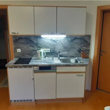 Eine moderne Küche mit einem Waschbecken, Kochfeld und einer Mikrowelle. Die Wände sind mit einer eleganten Steinoptik verziert.