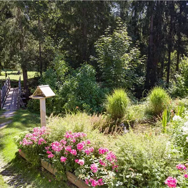 An idyllic garden with colorful flowers and lush greenery. In the background, there is a small bridge leading to a shady forest.