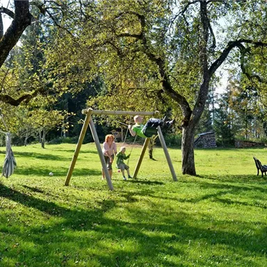A sunny garden with two children on a swing. In the background, there are trees and a table with chairs.