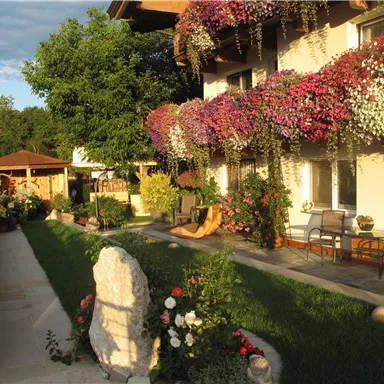 A pretty garden with colorful flowers and cozy seating areas. In the background, there is a quiet house with blooming plants visible.