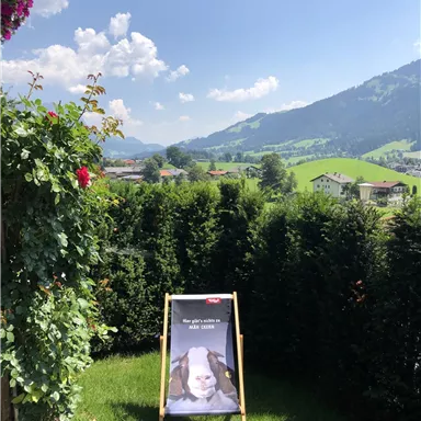 Ein schöner Ausblick auf grüne Hügel und Berge unter blauem Himmel. Im Vordergrund steht ein Schild, das Werbung zeigt.