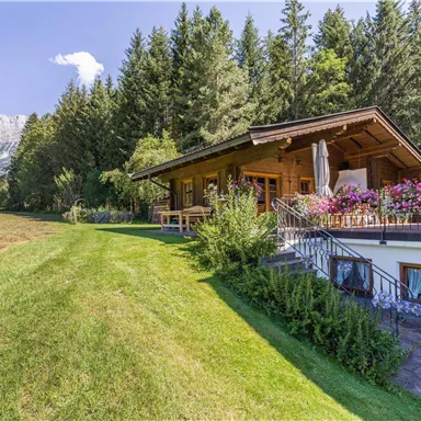 A cozy wooden house surrounded by trees and green areas. In the background, mountains are visible, creating a picturesque landscape.