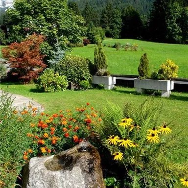 Ein schöner Garten mit bunten Blumen und einem großen Stein. Im Hintergrund sind majestätische Berge zu sehen.