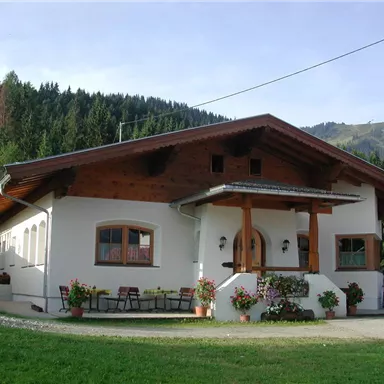 A charming house in alpine style, surrounded by green meadows and mountains. The flowers in front of the house create an inviting impression.
