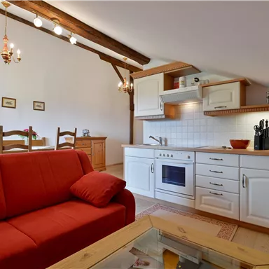 A cozy apartment with a red couch and a modern kitchen. The dining area is simply furnished and offers space for several people.