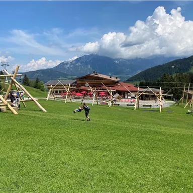 A playground on a green meadow with wooden frames and a beautiful mountain panorama in the background. The sky is blue with some clouds.