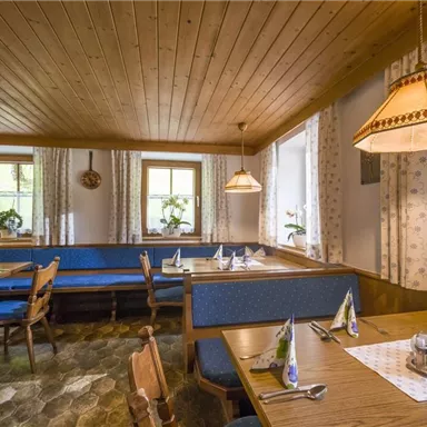 A cozy restaurant with wooden furniture and blue upholstery. The windows are adorned with curtains, and there are fresh plants on the tables.