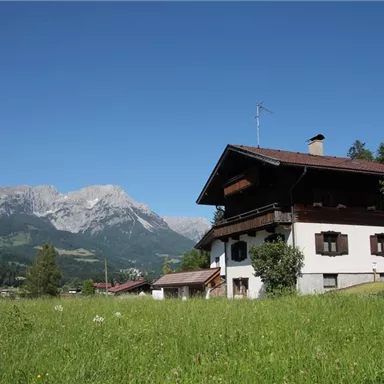 Ein traditionelles alpenländisches Haus steht in einer grünen Wiese. Im Hintergrund sind majestätische Berge und ein klarer blauer Himmel zu sehen.