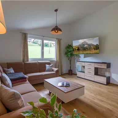 Ein gemütliches Wohnzimmer mit einem großen Fenster und Blick auf die grüne Landschaft. Die Einrichtung besteht aus einer beigen Couch, einem Holztisch und einem Fernseher an der Wand.