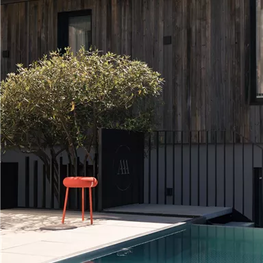 A modern outdoor area with a pool and wood paneling. A red stool is next to a small tree.