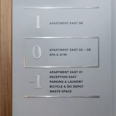 A sign with information about the apartments and facilities on different floors. It shows the apartment units and the location of the spa, gym, parking lot, and storage room.