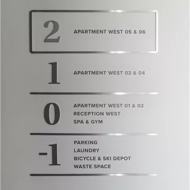 A sign with different floors and their designations. The areas include apartments, reception, spa, gym, and parking options.
