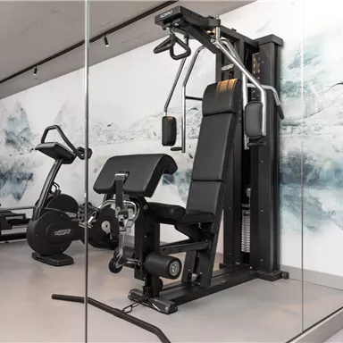 A modern gym with various equipment for training. The facilities include a strength machine and cardio machines in an elegant, bright room.