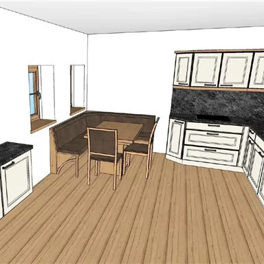 A modern kitchen with light cabinets and a dark workspace. There is a dining area with a table and chairs.