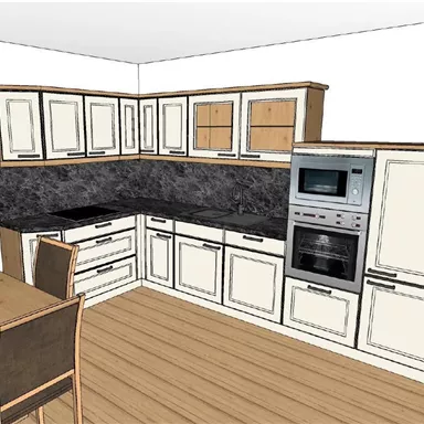 A modern kitchen with elegant white cabinets and a black countertop. In the background, a stove and an oven are integrated.