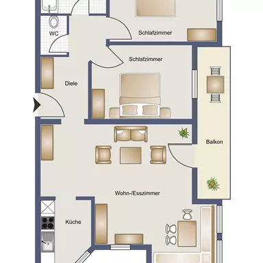A floor plan of an apartment with two bedrooms, a bathroom, a living room with a balcony, and a kitchen. The rooms are clearly arranged and well designed.
