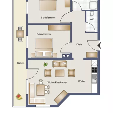 An apartment layout with two bedrooms, a living-dining room, and a kitchen. The floor plan also shows a balcony and two bathrooms.