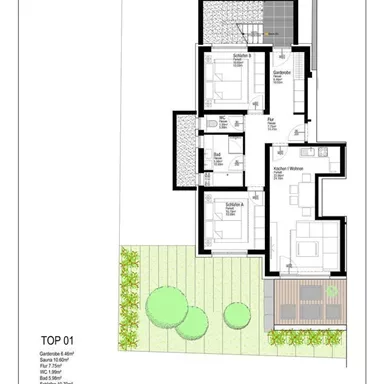 This is a floor plan of an apartment with two bedrooms and an open living area. The plan also shows a garden area with plants and a lawn.