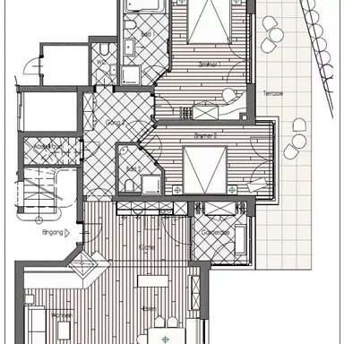 Eine grundrissliche Darstellung eines Wohnraums mit mehreren Zimmern. Die Zeichnung zeigt eine Terrasse und verschiedene Raumaufteilungen.