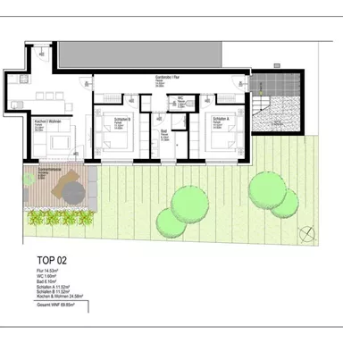An apartment floor plan with three bedrooms, a living room, and a kitchen. The plan also shows a garden area with trees.