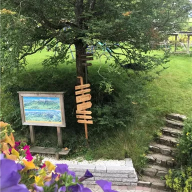 A picturesque garden with a large green meadow and a tree. In the foreground, there is a wooden sign and a colorful flowerbed.