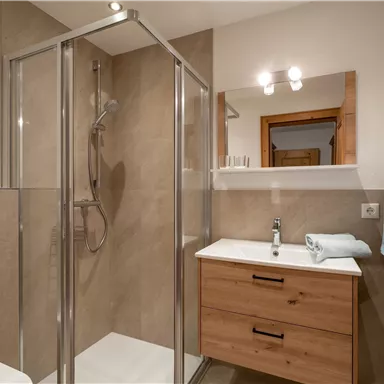 Ein modernes Badezimmer mit einer Duschkabine und einem Holzwaschtisch. Der Raum ist gut beleuchtet und hat eine freundliche Atmosphäre.