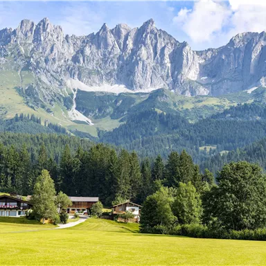 Eine beeindruckende Berglandschaft mit hohen Gipfeln und grünen Wiesen. Im Vordergrund sind hübsche Bauernhäuser und Bäume zu sehen.